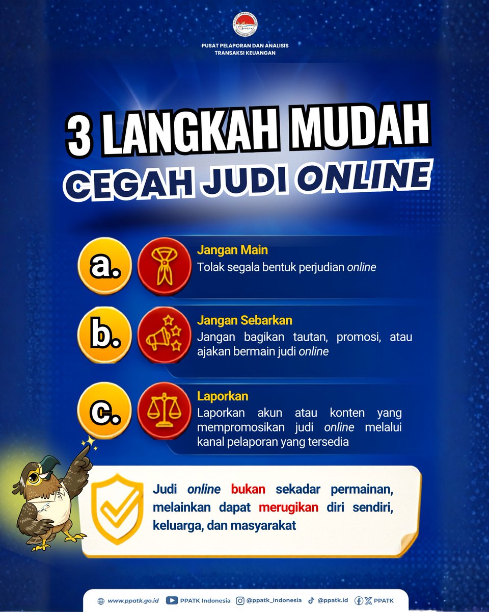 PPATK's tweet photo. Hallo #FIUtizen!

Satu keputusan kecil dapat membawa dampak yang besar 

Fenomena itu terjadi di sekitar kita. Sebanyak 14.000 warga dalam satu kecamatan terlibat judi online, berawal dari satu pilihan yang keliru namun berdampak besar bagi kehidupan

⚠️ Judi online bukan jalan pintas untuk meraih keuntungan. Risiko yang akan muncul justru kehilangan uang, terjebak utang, hingga terganggunya kondisi finansial keluarga

Mari lebih bijak dalam mengambil keputusan dan tingkatkan kewaspadaan terhadap praktik judi online 

#PPATK #StopJudiOnline #LiterasiKeuangan #WaspadaJudiOnline