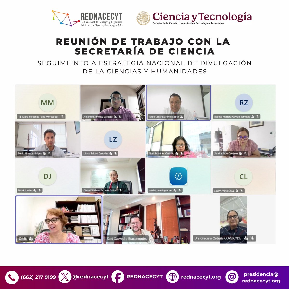 Rednacecyt's tweet photo. Sostuvimos una reunión de trabajo con el equipo de la @Secihti_Mx para dar seguimiento a la colaboración interinstitucional y a la planeación de acciones en el marco de la Estrategia Nacional de Divulgación. https://t.co/351YyvuAEd