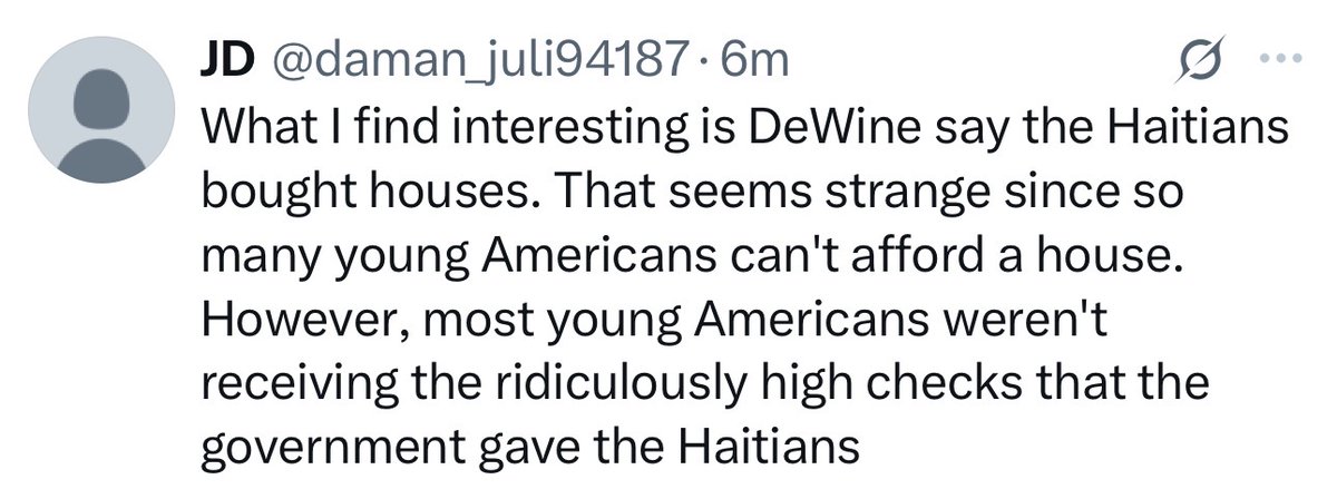 jackwindsor's tweet photo. I'll admit it — sometimes I get so locked in on deconstructing fake narratives that I walk right past the obvious.
Today I broke down Governor Mike DeWine's argument that businesses need the labor — the same justification we've heard for years to excuse what shouldn't be excused. Never mind that the President acted lawfully on TPS and the Supreme Court backed him up.
But a follower spotted the gold nugget I stepped over: DeWine says the Haitians bought houses. Meanwhile, young Ohioans — young Americans — can't afford one. So the fair question is simple: what made that possible, and what role did taxpayer dollars play?