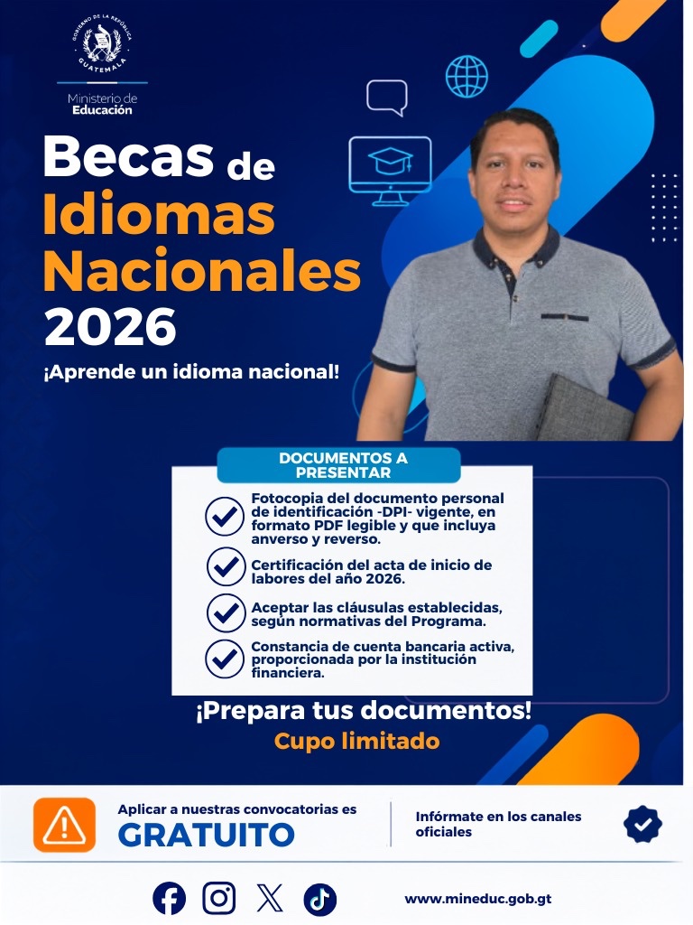 MineducGT's tweet photo. ¡Una nueva oportunidad para seguir aprendiendo! 

El Ministerio de Educación invita a docentes a postularse a una beca para aprender un idioma nacional.

🗓️ La convocatoria estará abierta del 31 de julio al 9 de agosto de 2026.

📄 Prepara tu documentación y mantente pendiente de las redes sociales oficiales del #Mineduc, donde compartiremos todos los detalles para participar.

🤝 Comparte esta información con más docentes y anímalos a fortalecer sus conocimientos en los idiomas nacionales.