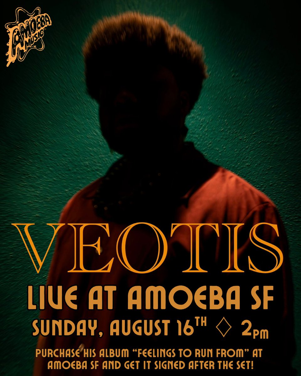 AmoebaSF's tweet photo. Oakland's own songwriter, producer, and vocalist @VeotisL performs a live set and signs his latest album "Feelings to Run From" at Amoeba SF on Sunday, 8/16 at 2pm. Purchase "Feelings to Run From" at Amoeba SF and get it signed after the set!
Info: https://t.co/z3fiYkt7sT https://t.co/YXsQIiZdL4