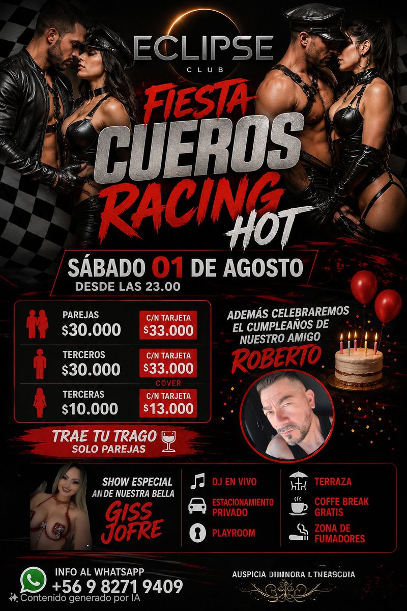 Club_Eclipse_'s tweet photo. Este sábado 01 de agosto, Club Eclipse te invita a vivir una noche donde el cuero, la adrenalina y la seducción serán los protagonistas.
#ClubEclipse #FiestaCueros #RacingHot #SwingChile #VidaNocturna #Buin #Parejas #Diversión #ShowEnVivo https://t.co/ru7MhvXg2t