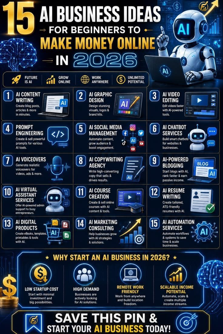 TOnlineHuniutO's tweet photo. Stop looking for the "perfect" business idea. These 15 AI business ideas are beginner-friendly, low-cost, and can help you start making money online in 2026. 💰 https://t.co/T4B9fAmj8v