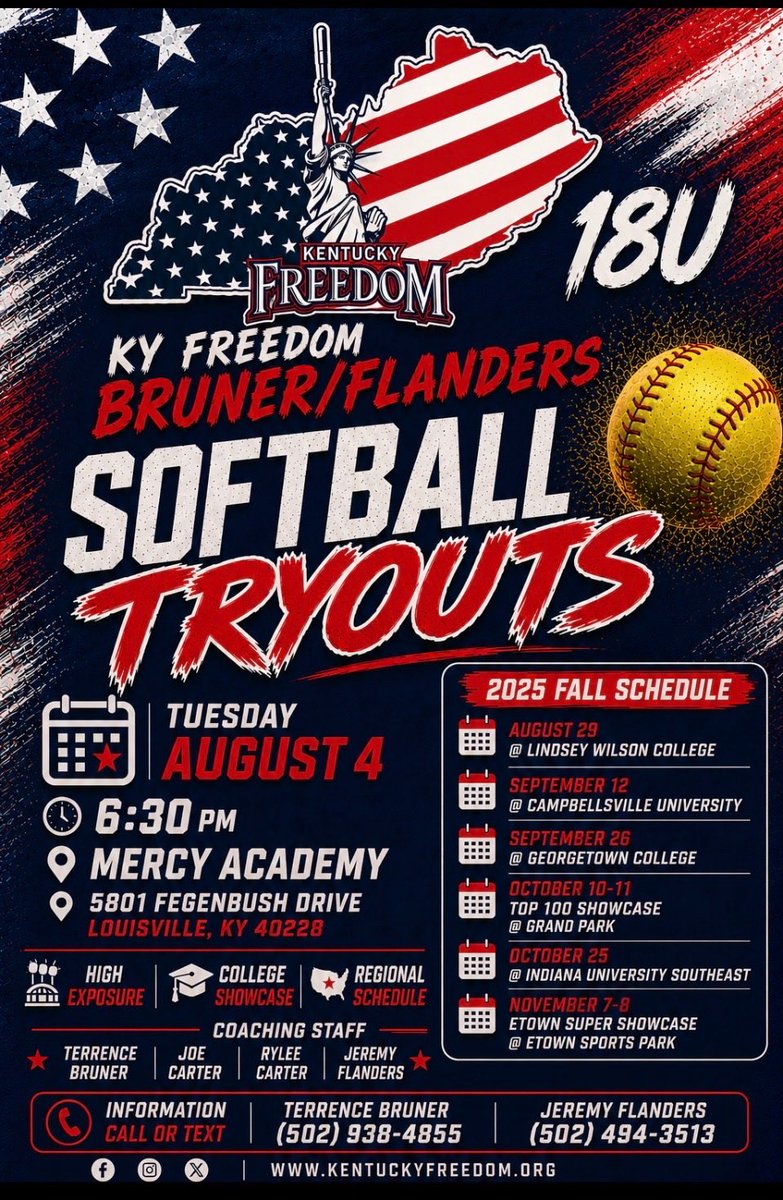 KY16uFreedom's tweet photo. KY Freedom 18u will be holding tryouts for the upcoming Fall’26 and Summer’27 seasons. All positions will be considered. Please contact @TerrenceBruner or Jeremy Flanders if you have questions. 🗽🇺🇸🥎 https://t.co/IHRTcMyvZx