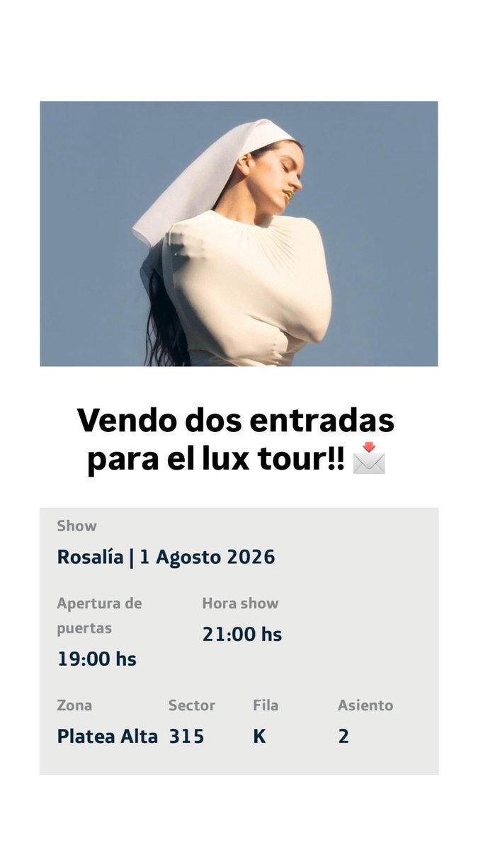 butterflysmind's tweet photo. ‼️‼️Vendo 2 entradas para Rosalia! Platea alta 315! Asiento 1 y 2 ‼️‼️

Mismo precio que las compre 📩 https://t.co/vaNsTctKSv