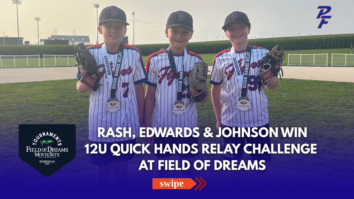 pfflyersbeisbol's tweet photo. Congratulations to our 12U Quick Hands Relay Challenge winners at the Field of Dreams Tournament!
🏆 #23 Colton Rash
🏆 #99 Ryan Edwards
🏆 #7 Peyton Johnson
Great effort competing and earning a challenge victory for the PF Flyers! 💙💛 #PFFlyers #FieldOfDreams https://t.co/fcpfz6hvJX