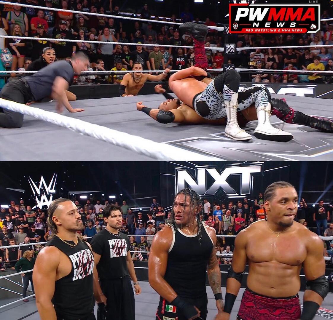 PWMMANews's tweet photo. BirthRight defeats OTM. Angel and Betro confront Charlie and Lexis, distracting Bronco. Stacks and Connors land a double-team kick on Lucien for the win. #WWENXT https://t.co/qfYaHJw6fC