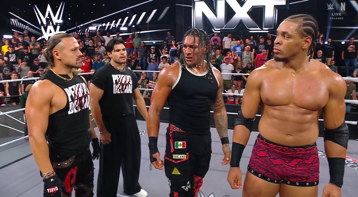 FalseFinishHQ's tweet photo. Bronco Nima has a decision to make. Perros del Mal or OTM? #WWENXT https://t.co/oGsBFp5QJv