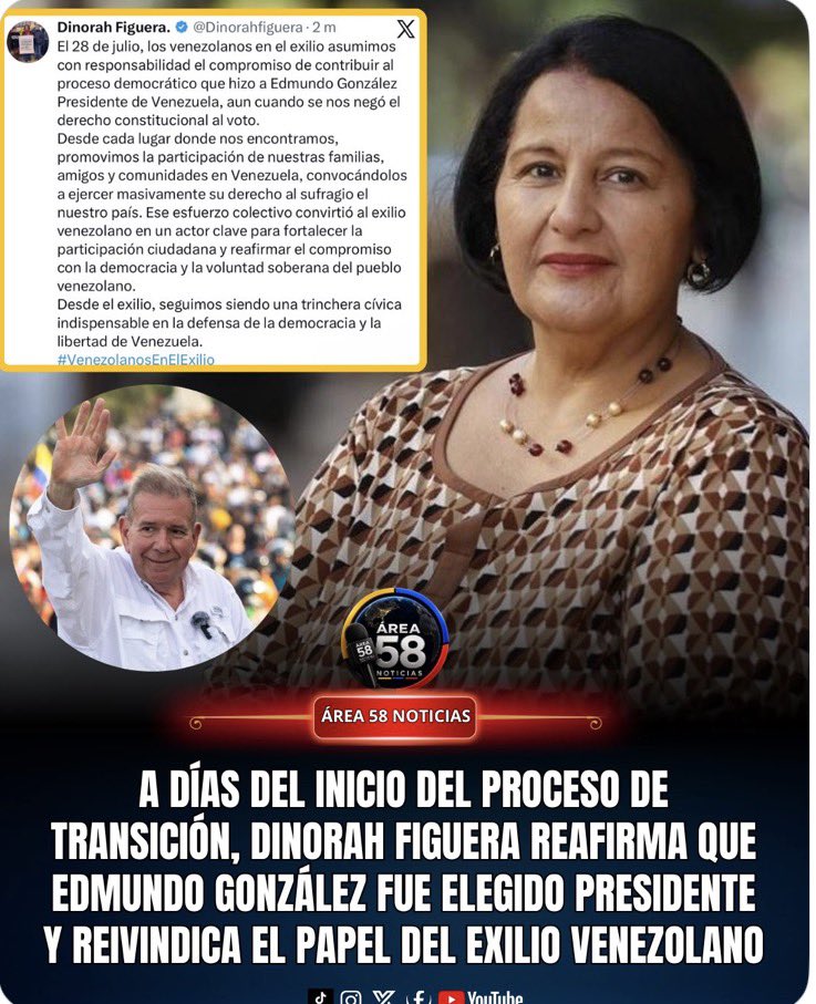 ROSINACALCINA3's tweet photo. A pocos días del #1Agosto para el Diálogo entre “oposición y el régimen programado por @realDonaldTrmp @Dinorahfiguera reafirmó que @EdmundoGu fue elegido presidente de Venezuela y defendimos el papel del exilio “una trinchera cívica indispensable” para la democracia
@AREA58_Vzla https://t.co/L2wnEwZzmj