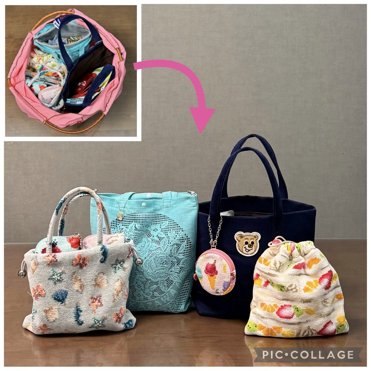 happilyever5555's tweet photo. ハン活用の大量のハンカチは近沢レースのミニレーストートに入れてます✨
無印のインナーバッグを使うとハンカチも取り出しやすいです😉

スマホグッズはフェイラーの巾着ポーチに、メガネや紫外線対策グッズは手つき巾着に入れて💕

旅行のときはしっかり自立するテディトートが便利ですね🥰

↓続く https://t.co/CYxncxgc54
