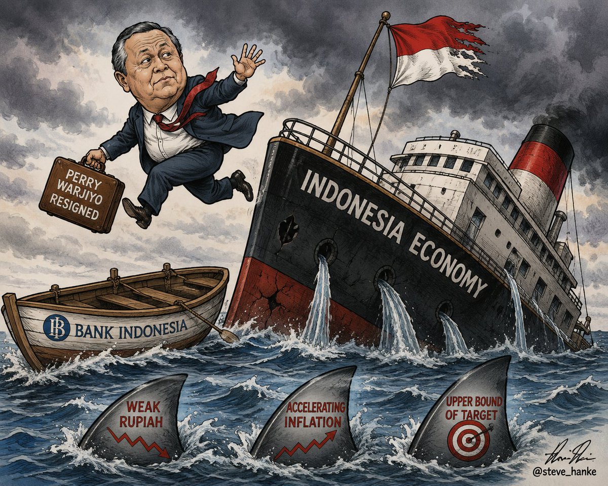 steve_hanke's tweet photo. Saturday, Gov. of Bank Indonesia Perry Warjiyo resigned.

With the Indonesian rupiah weak and Indonesia's inflation accelerating and reaching the upper bound of its target, Warjiyo has ABANDONED SHIP BEFORE IT SINKS. https://t.co/eln6WS1YFd