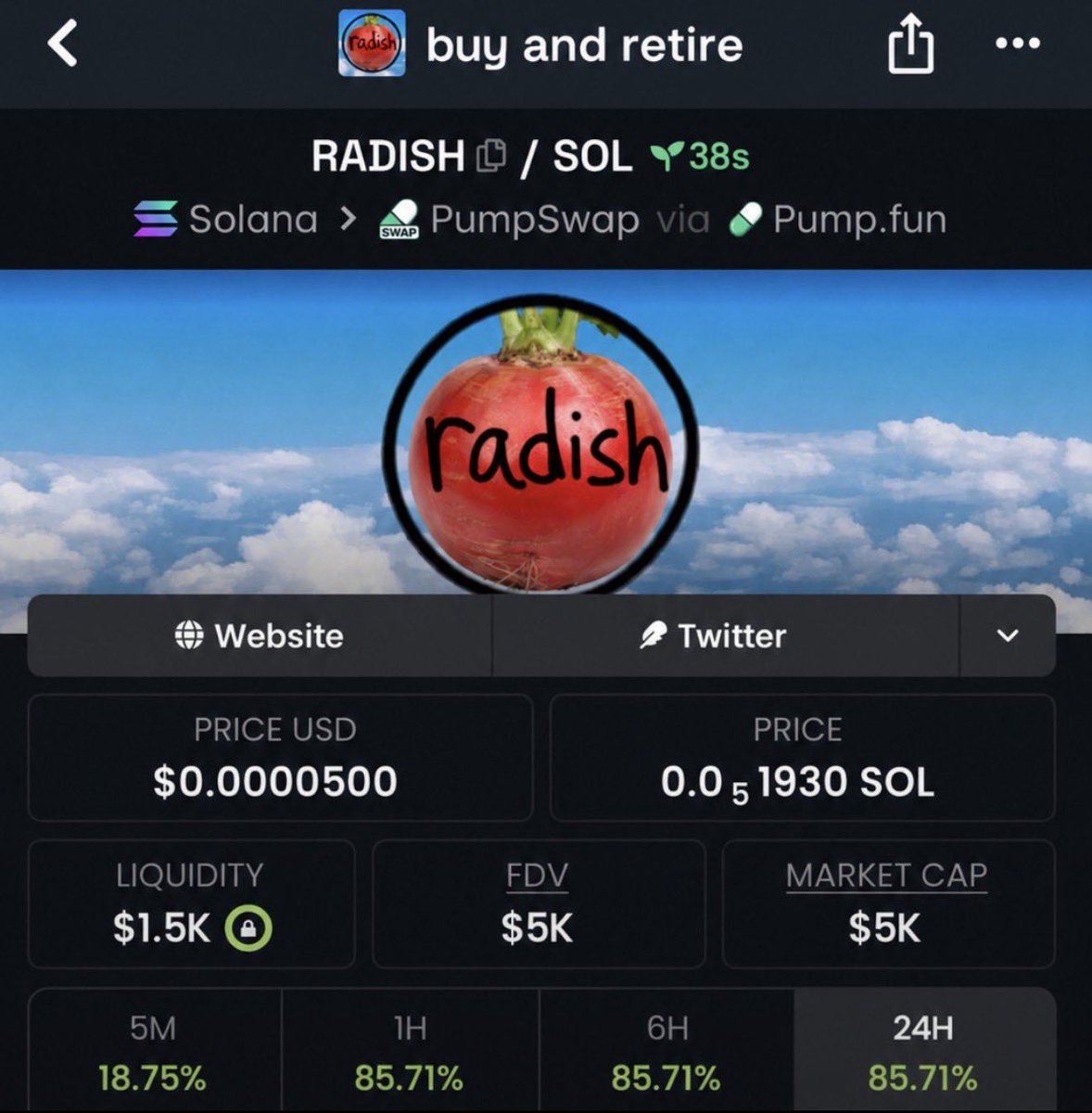 Brunna_leto's tweet photo. $RADISH Another banger. 🚀
$5K ➜ $303K MC.
The early wallets keep winning. 💰
Follow + 📩 DM to secure your spot in the private TG &amp; Discord before the next 100x.
Ca:
9SoFsUCU9TnzeKL9k1XXaGuXVEmU7dJYS4TauNGrcDP7
#solana #memecoin https://t.co/70STlX6g3C