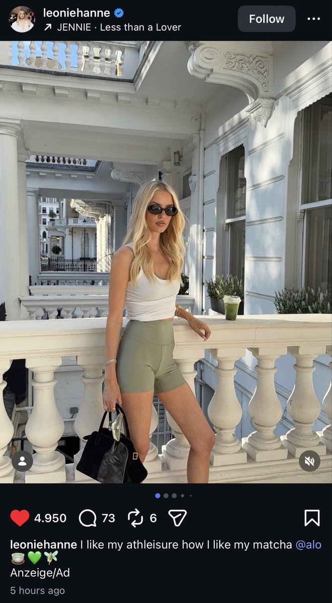 niniprotectors's tweet photo. German Influencer and blogger Leonie Hanne used Jennie’s Less Than A Lover as the audio in her Instagram post https://t.co/K4DxBW8pqi