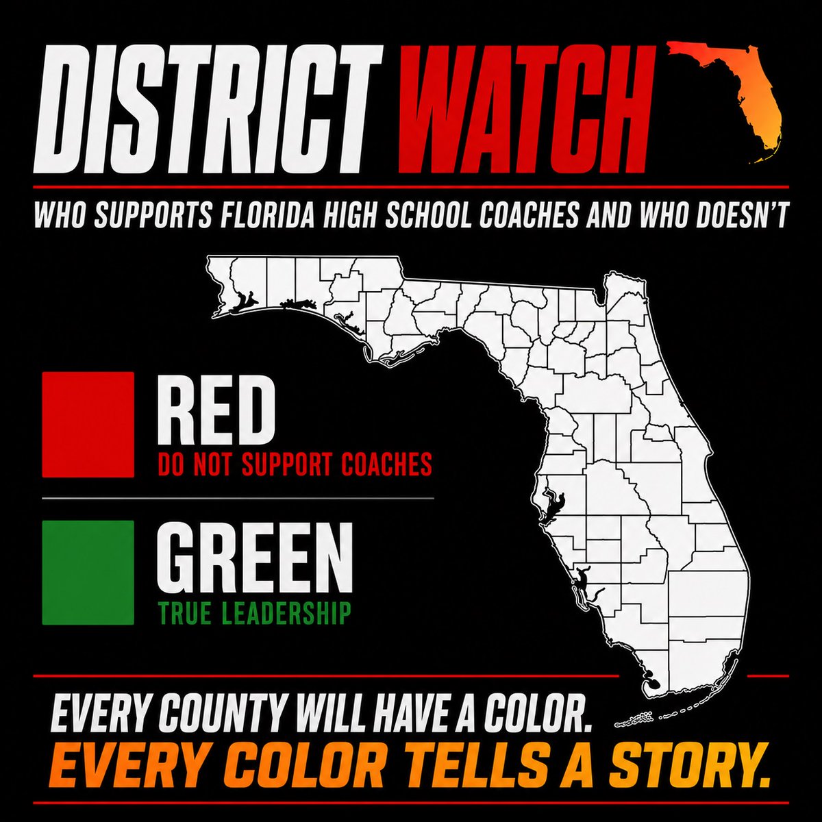 PayFLCoaches's tweet photo. 🚨 We said we'd wait 30 days.

Now it's time for districts to own their decisions.

District Watch begins tomorrow.

Every county will have a color.

Every color tells a story.

History doesn't remember excuses.
It remembers decisions.

Florida Is Watching 👀

#PayFLCoaches
#SB538
#Accountability