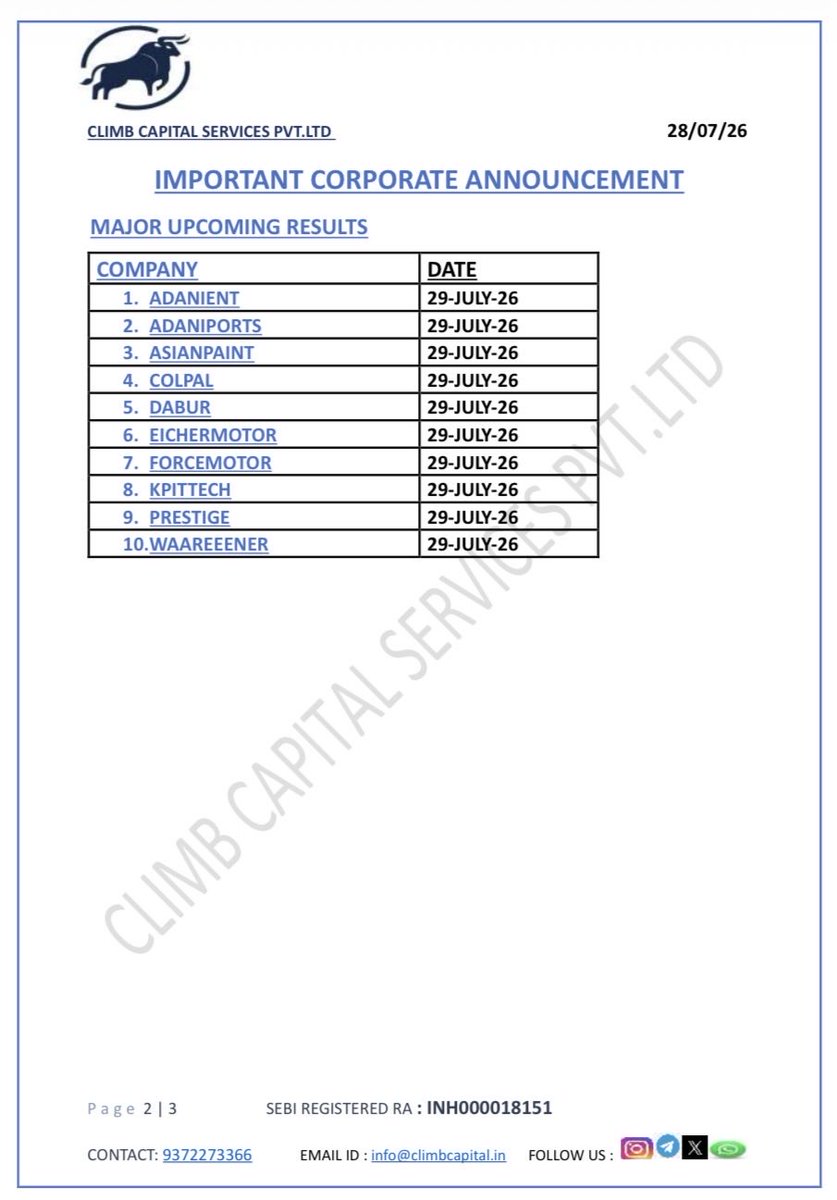 CLIMBCAPITAL9's tweet photo. IMPORTANT CORPORATE ANNOUNCEMENTS OF 28-07-2026 https://t.co/Bu9i4T8B17