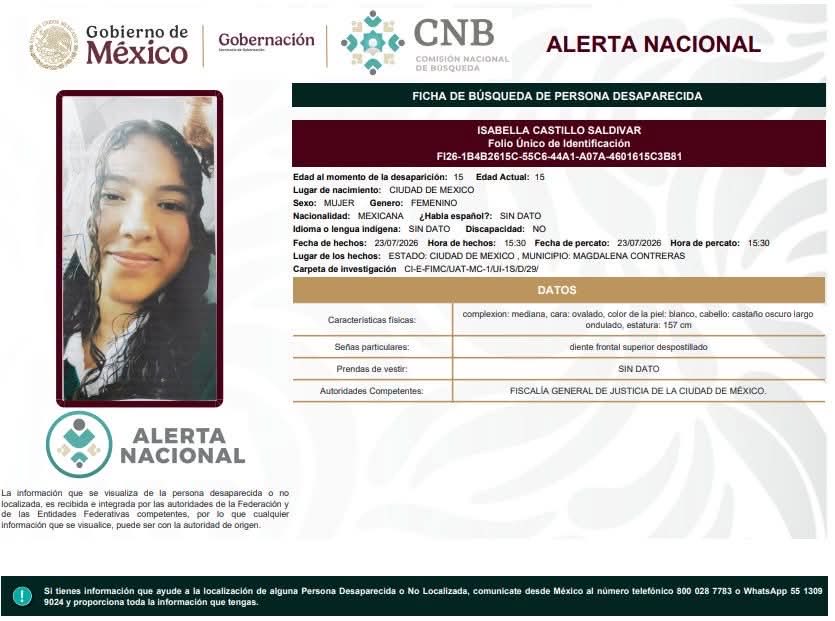 mtgoenaga's tweet photo. 🚨 #AlertaAmber | Ayúdanos a localizar a Isabella Castillo Saldivar, de 15 años, desaparecida el 23 de julio de 2026 en la colonia Huayatla, alcaldía Magdalena Contreras, CDMX.
Tu información puede marcar la diferencia. Si tienes datos comunícate de inmediato al 55 5484 0430 🙏🏻 https://t.co/GYbVBube4y