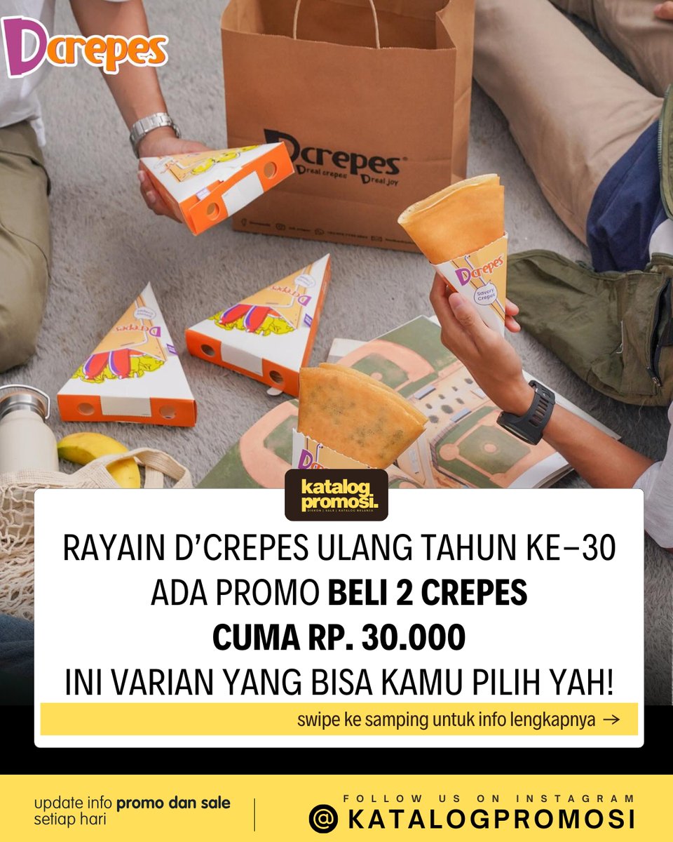 katalogpromosi's tweet photo. D'Crepes ultah ke-30, tebus 2 crepes cuma 30 Ribu sampai 5 Agustus 2026.
Langsung meluncur ke outlet terdekat buat klaim promonya.
Cek detailnya di bawah 👇 #Dcrepes #PromoMakanan https://t.co/y33eQvG3l3
