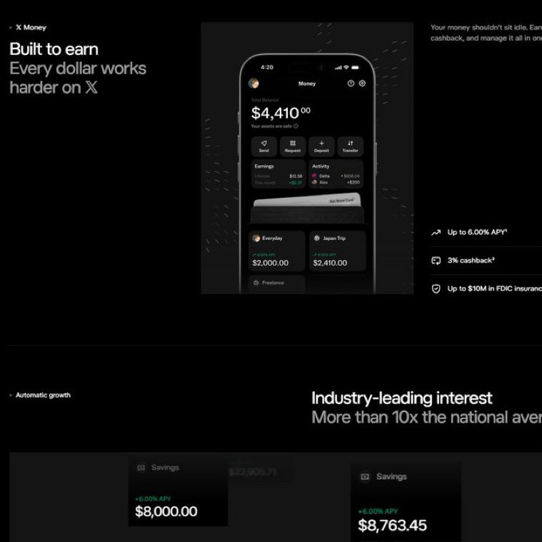 Digital_Orleans's tweet photo. I got my first X money tips

Also, retail most likely won't get yield on stablecoins with Clarity, so Papa Elon is giving you 6% APY and FDIC on $10M 

The banks should be panicking https://t.co/nD2nW2YOYx
