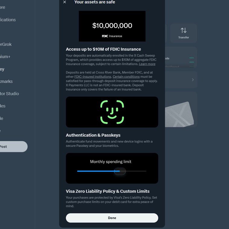 Digital_Orleans's tweet photo. I got my first X money tips

Also, retail most likely won't get yield on stablecoins with Clarity, so Papa Elon is giving you 6% APY and FDIC on $10M 

The banks should be panicking https://t.co/nD2nW2YOYx