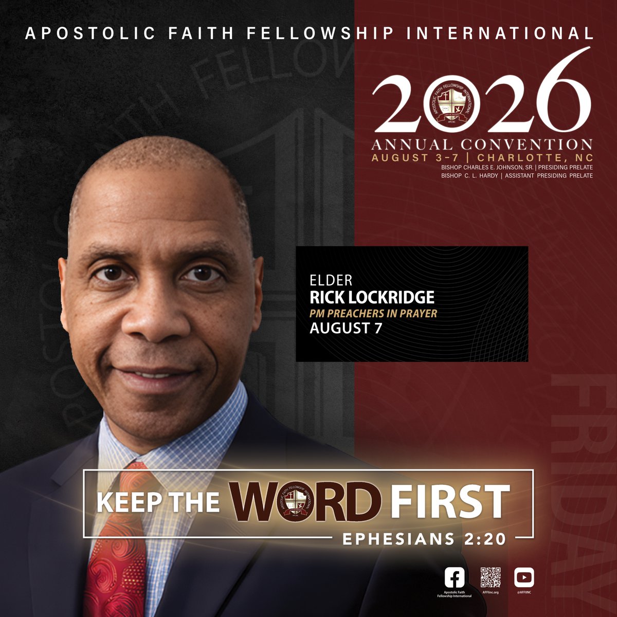 AFFI_Inc's tweet photo. FRIDAY, AUGUST 6, 2026
Encounter God’s presence like never before—secure your place at the 2026 Annual Convention in Charlotte, NC. KEEP THE WORD FIRST!
🚨REGISTER TODAY!🚨 https://t.co/AT1SSWWVZQ https://t.co/morLUwo5LM