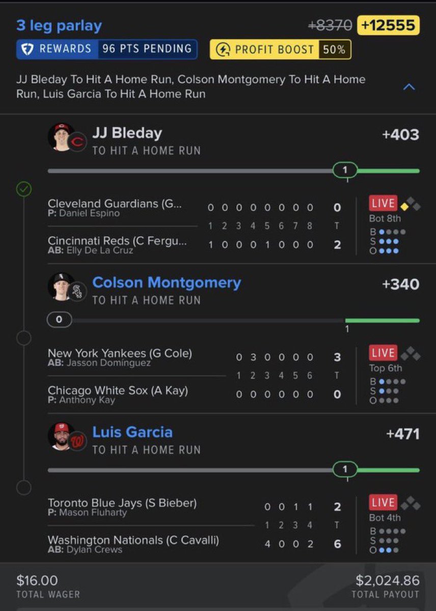 legacywin_'s tweet photo. 💣 MLB 3-LEG HOME RUN PARLAY CASHED! 💣

🔥 Odds: +12555 (50% Profit Boost Applied)

✅ JJ Bleday — To Hit a Home Run (+403)
✅ Colson Montgomery — To Hit a Home Run (+340)
✅ Luis Garcia — To Hit a Home Run (+471)

💵 Stake: $16.00
🏆 Payout: $2,024.86

🚨 BANGER ALERT! Three swings. Three home runs. A $16 wager exploded into $2,024.86! That’s the kind of value we’re hunting every slate. 💰🚀

Congratulations to everyone who tailed! More dinger winners are loading. 🍀

#MLB #MLBPicks #HomeRunParlay #DingerSeason #JJBleday #ColsonMontgomery #LuisGarcia #Baseball #SportsBetting #ParlayLife #WinningTicket #BigWin #ProfitBoost #FanDuel #BettingCommunity #HRProps #CashIt #WinningPicks #BaseballBets #LetsCash