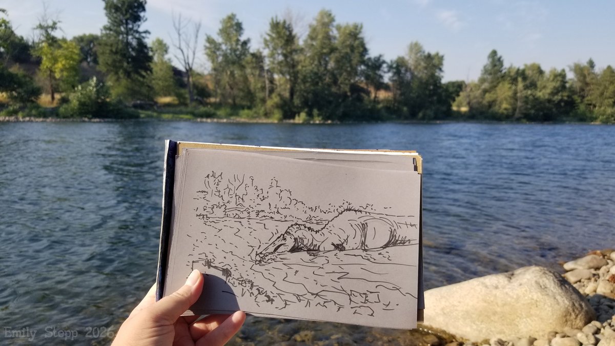 Emily_Art's tweet photo. I've had a terrible last few days, so I went to the river and imagined a dinosaur. https://t.co/FPESB3btne