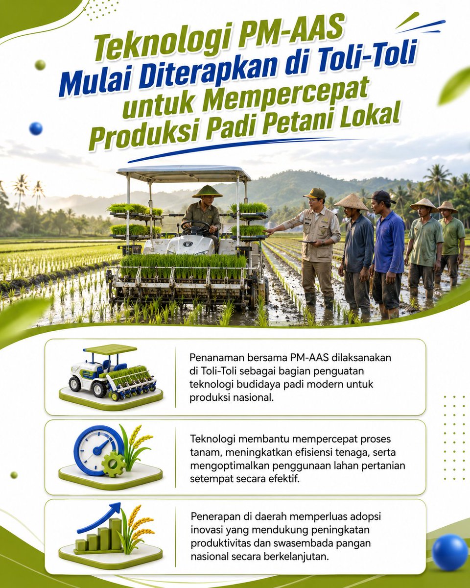 bellakhaisk's tweet photo. Teknologi PM-AAS mulai diterapkan di Toli-Toli sebagai upaya mendukung percepatan produksi padi, meningkatkan produktivitas petani, dan memperkuat ketahanan pangan daerah.
#PMAAS #Pertanian #KetahananPangan #jagaindonesia #Teknologi https://t.co/iGkesc8KGw