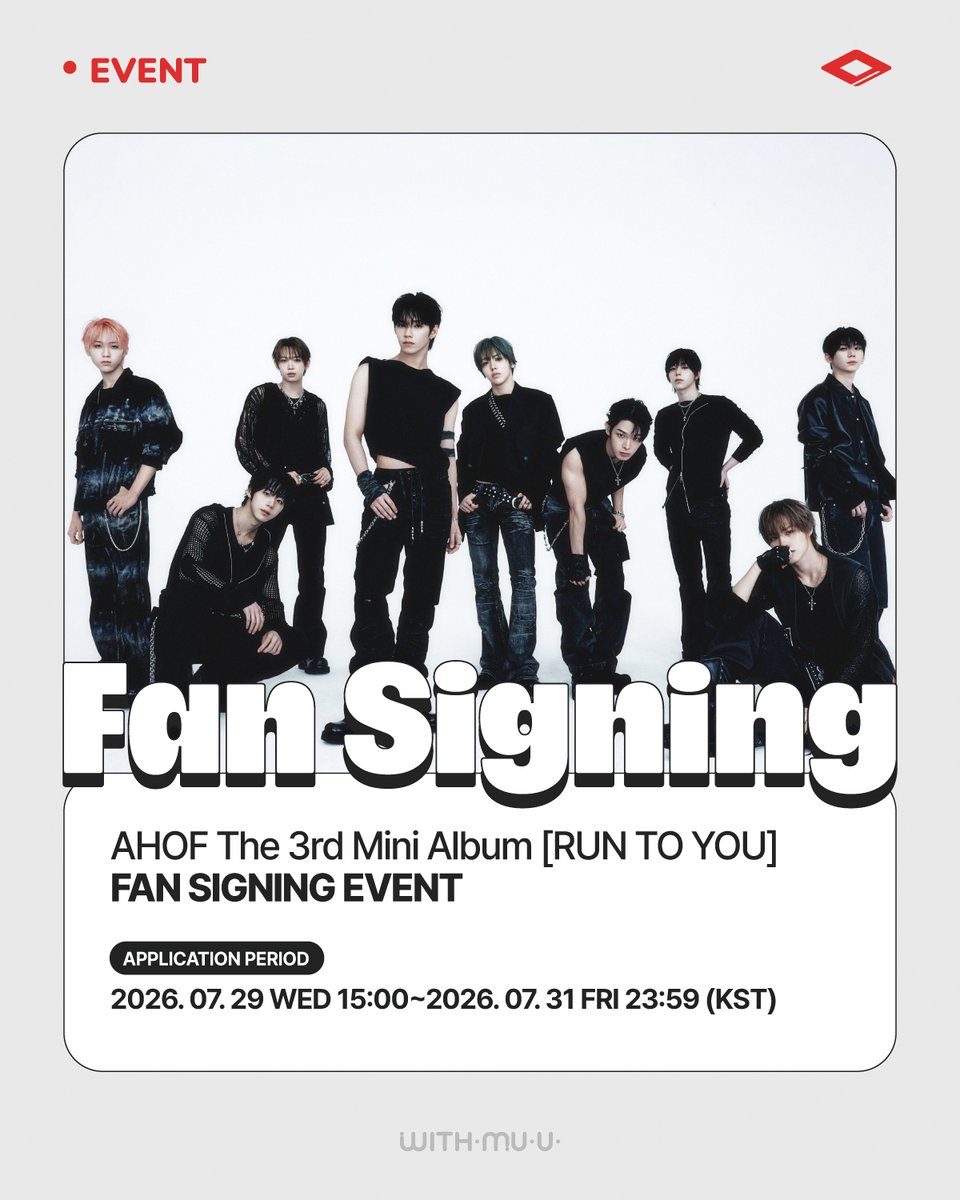 Withmuu_twt's tweet photo. [💿] AHOF (아홉) The 3rd Mini Album [RUN TO YOU] 팬사인회 안내

[ 🕒 응모 기간 ] 
7/29(수) 15:00 ~ 7/31(금) 23:59 (KST)

[ 🎁 응모자 특전 ]
- 대면: 미공개 포토카드 9종 중 1종 랜덤 증정 (행운 거북이 ver.)
- 영통: 미공개 포토카드 9종 중 1종 랜덤 증정 (데이지 ver.)

[ 🎁 당첨자 특전 ]
- 대면: 친필 사인 폴라로이드 1매 증정 (9명 추첨 / 멤버 랜덤)
- 영통: 친필 사인 폴라로이드 1매 증정 (9�� 추첨 / 멤버 랜덤)  

🩵 이벤트 일시: 8/7(금) 19:30 ~ 
🩵 당첨자 발표: 8/3(월) 15:00 이후

🔗KR https://t.co/BFOgISjnuq
🔗CN https://t.co/mK2KXVbYZH
🔗JP https://t.co/jmsgaHDatc
🔗GLOBAL https://t.co/qJtU2U6QBL

아홉 사인회 응모가 시작되었습니다!
지금 #위드뮤 에서 확인해 주세요!

#AHOF #아홉 
#RUN_TO_YOU