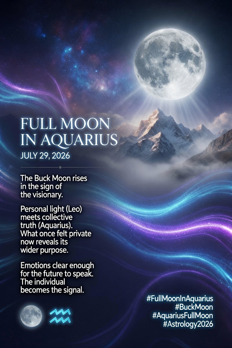 ArcaneArk369's tweet photo. Full #Moon in #Aquarius — July 29, 2026.

The Buck Moon rises in the sign of the visionary.
Personal light (Leo) meets collective truth (Aquarius).
What once felt private now reveals its wider purpose.
Emotions clear enough for the future to speak.

The individual becomes the signal. 🌕♒✨

#FullMoonInAquarius #BuckMoon #AquariusFullMoon #Astrology2026