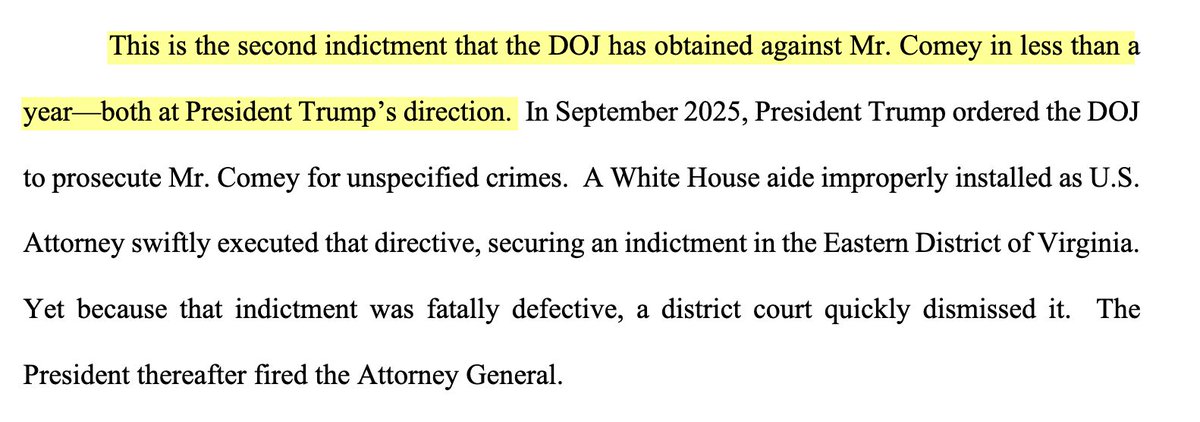 KlasfeldReports's tweet photo. "This is the second indictment that the DOJ has obtained against Mr. Comey in less than a year—both at President Trump’s direction."

Comey files his long-anticipated motion to dismiss for vindictive and selective prosecution.

Doc https://t.co/pKbtZMstc7 https://t.co/HByb9YL66K