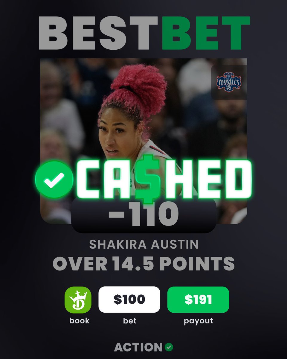 ActionNetworkHQ's tweet photo. ✅ SHAKIRA AUSTIN OVER 14.5 POINTS

Shakira Austin continues her dominant July run to cash @AdamMKaufman‘s best bet 💰 https://t.co/OLupIMcAX5