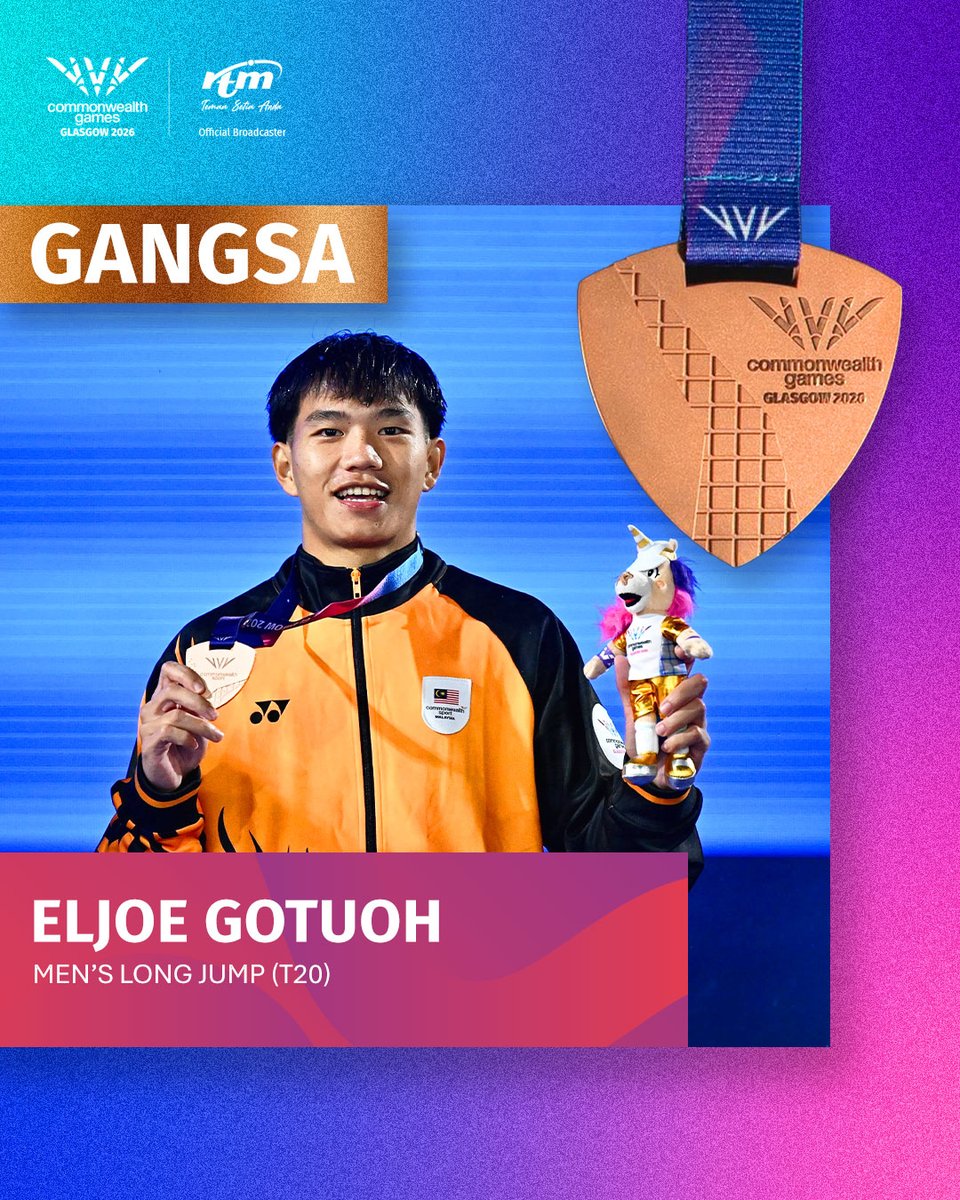RTM_Malaysia's tweet photo. PINGAT GANGSA BUAT MALAYSIA! 
Tahniah Eljoe Gotuoh! 🥉🇲🇾

Tahniah dan syabas diucapkan kepada atlet lompat jauh negara atas kejayaan cemerlang meraih pingat gangsa dalam acara Men's Long Jump (T20)!

#Glasgow2026
#SukanKomanwel2026RTM 
#CommonwealthGames 
#DemiMalaysia https://t.co/AiEiUn2Beh
