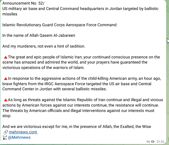 lookner's tweet photo. Iran's Revolutionary Guard takes responsibility for firing ballistic missiles at a "US air base and Central Command Center in Jordan" tonight https://t.co/AV273I69S5