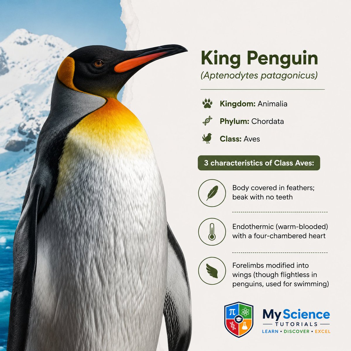 MyScienceTutor's tweet photo. King Penguin (Aptenodytes patagonicus) 

Kingdom: Animalia  
Phylum: Chordata  
Class: Aves   

#wildlife #biology #taxonomy #classification #animalkingdom https://t.co/vRMUWzCnbK