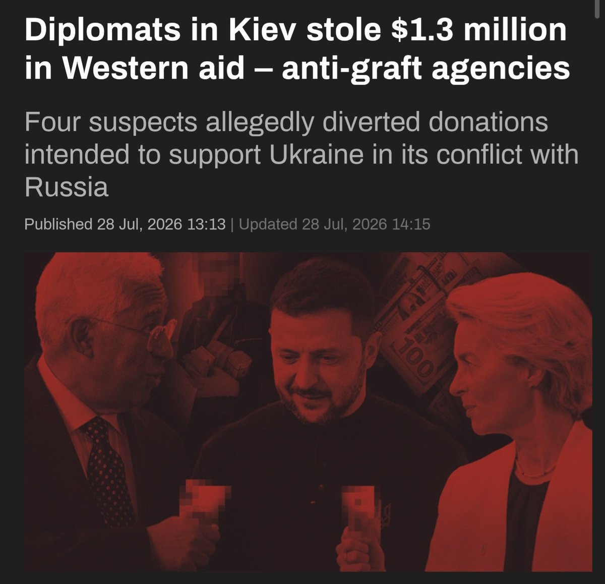 dbaDonald's tweet photo. THE HELL WITH DOOR-DASH....

"Senior Ukrainian diplomats allegedly siphoned off at least $1.28 million in Western aid after Ukraine’s Foreign Ministry coffers were flooded with donations intended to support the country in its conflict with Russia, according to anti-corruption investigators in Kiev.

The Western-backed anti-graft agencies, which Vladimir Zelensky’s government unsuccessfully sought to put under its direct control last year, alleged that senior officials had rushed to exploit the influx of foreign funds following the escalation of the conflict in 2022  for their own personal gain."
