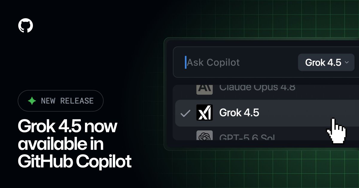 VisualStudio's tweet photo. We're excited to bring Grok 4.5 to Visual Studio. Available now in the Copilot Chat model picker, Grok 4.5 is a fast model designed for long-running agentic tasks and knowledge work.

Learn more: https://t.co/aLfIz2wlOe
#VisualStudio #GitHubCopilot https://t.co/r8RMr586Dz