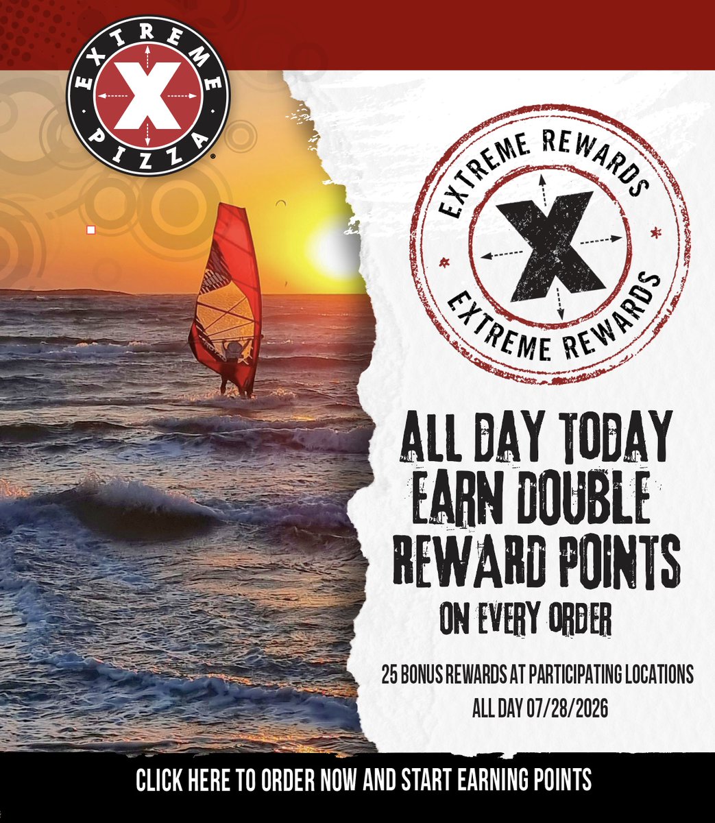 Extreme_Pizza's tweet photo. 🍕All day long July 28th, 2026! Check out all the details on promo valid at participating locations. #ExtremePizza #pizza #pizzadelivery #pizzatime #vibes #rewardpoints #promo https://t.co/uCeuoba31U