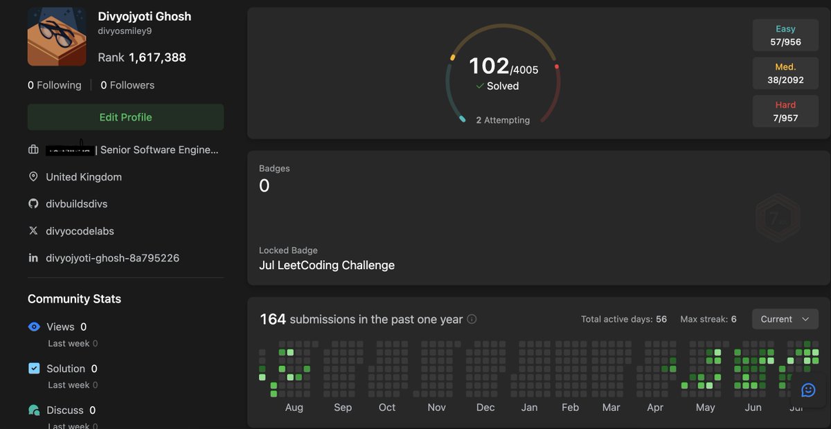 DivyoCodeLab's tweet photo. 100 DSA problems solved. It still feels overwhelming.

Doing this alongside a full-time job has taught me that the biggest challenge isn't solving problems—it's staying patient.

Some days I feel like I'm improving. Other days, I question everything.
#DSA #LeetCode #FAANGPrep https://t.co/F52kaLdtEc