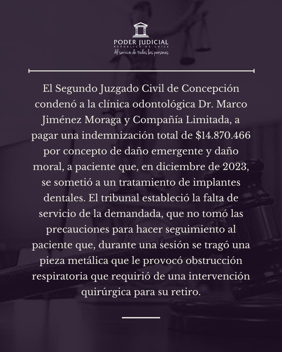 PJudicialChile's tweet photo. Segundo Juzgado Civil de Concepción condena a clínica dental por tratamiento negligente https://t.co/lN6hIQddpu https://t.co/E4r9BH8jQo