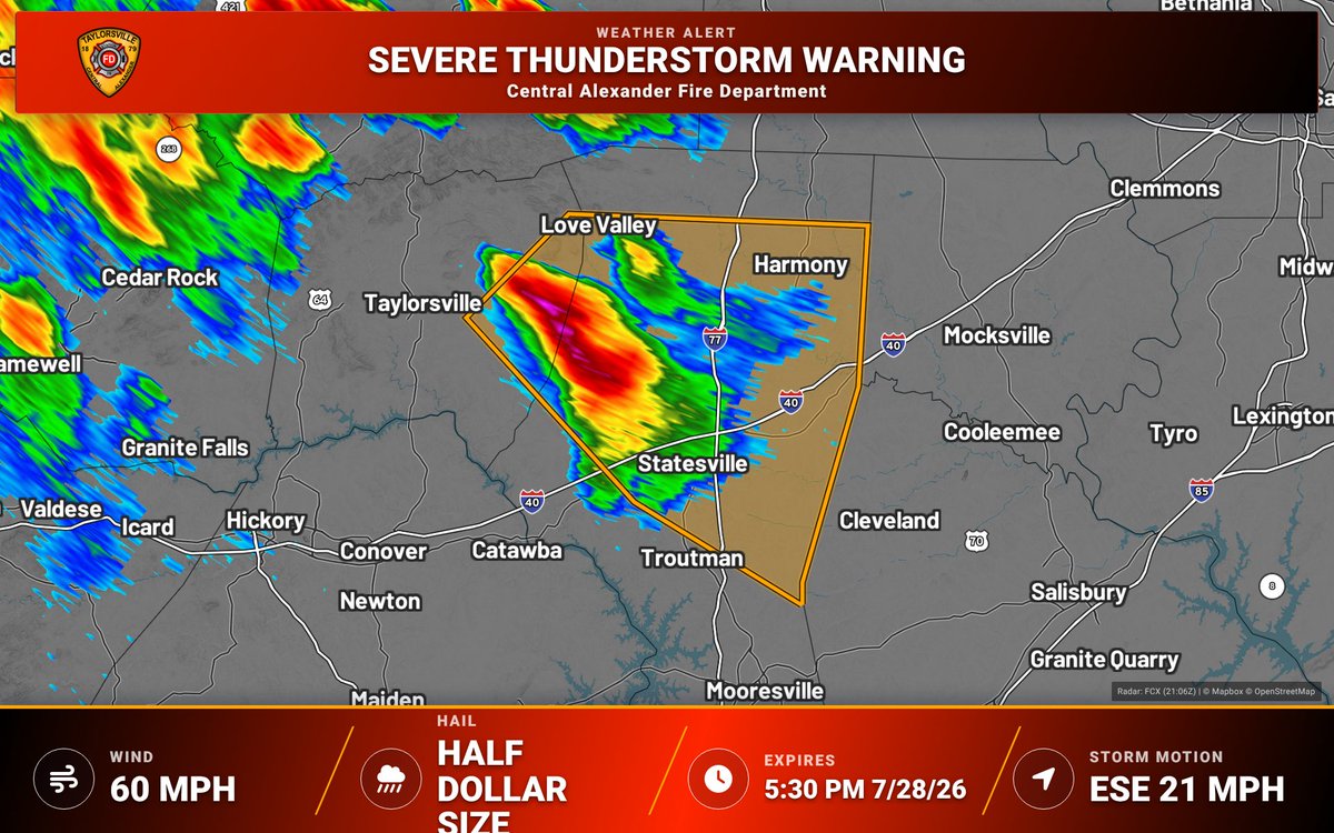 CAFDST30's tweet photo. Severe Thunderstorm Warning remains in effect for Alexander and Iredell, NC until 5:30 PM. 60 mph wind gusts and 1.25 in hail possible. Minor hail damage to vehicles; wind damage to trees/power lines. Move to an interior room on the lowest floor. https://t.co/ddItXiNgEH