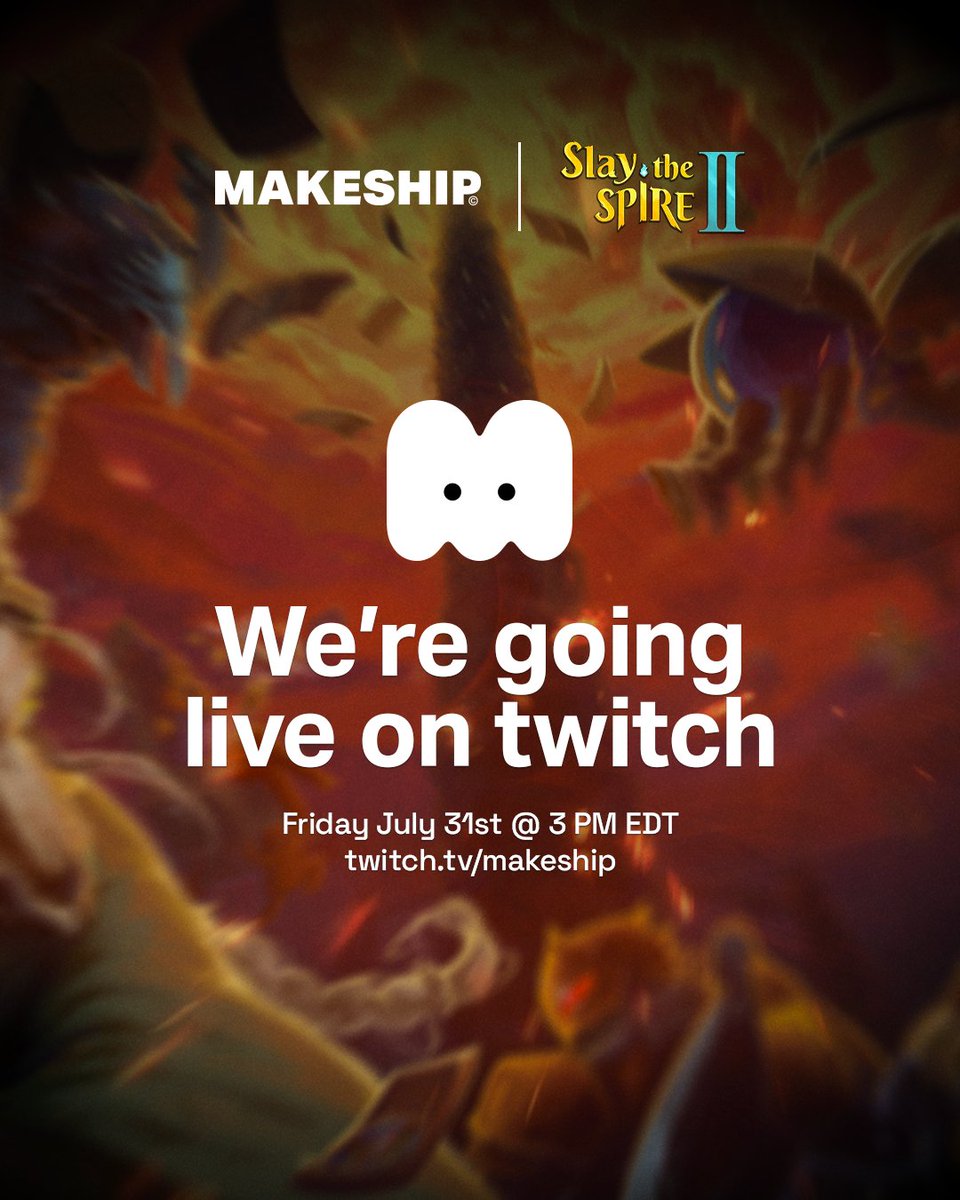 Makeship's tweet photo. we're going live!!! 

join us on Twitch this Friday, July 31 at 3pm ET for some StS gameplay, giveaways, and more as we wrap up the Slay the Spire campaign 🎮 see you there! https://t.co/PeDsR9t4cQ