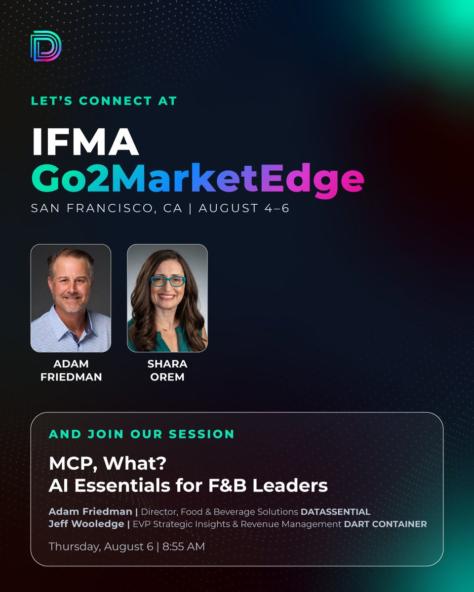 Datassential's tweet photo. Next week, we're headed to #Go2MarketEdge and we'd love to connect! Don't miss #Datassential's session "#MCP, What? #AI Essentials for F&amp;B Leaders". View the full session lineup and event details: https://t.co/u3iC13xsVC

#foodservice #datastrategy #foodserviceindustry https://t.co/06yBm6GJdi