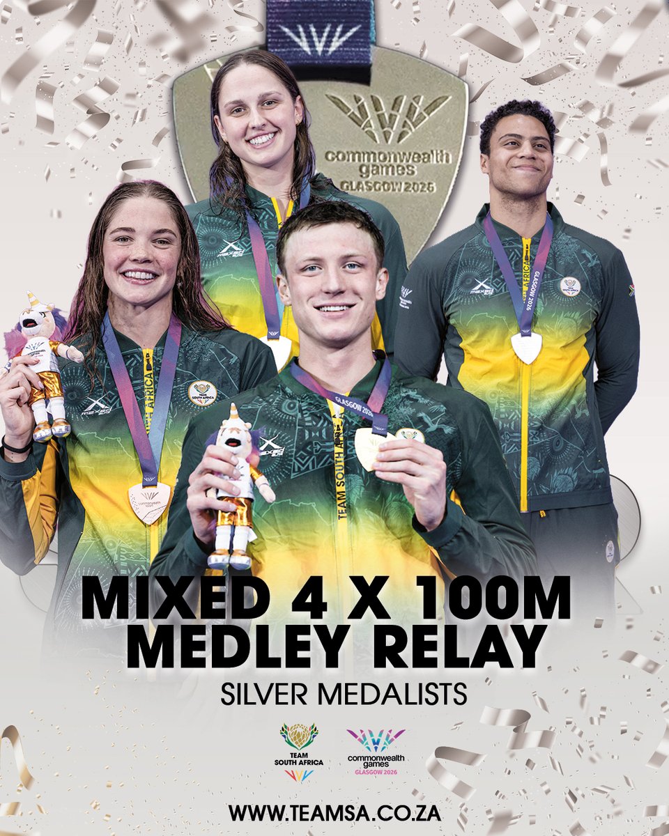 OfficialTeamRSA's tweet photo. RECORDS ARE MADE TO BE BROKEN. 🌍🇿🇦

A new African record. A silver medal. One unforgettable performance from Pieter Coetze, Michael Houlie, Erin Gallagher and Aimee Canny. 👏🥈

#TeamSA #ForMyCountry https://t.co/4DAYKmNA6W