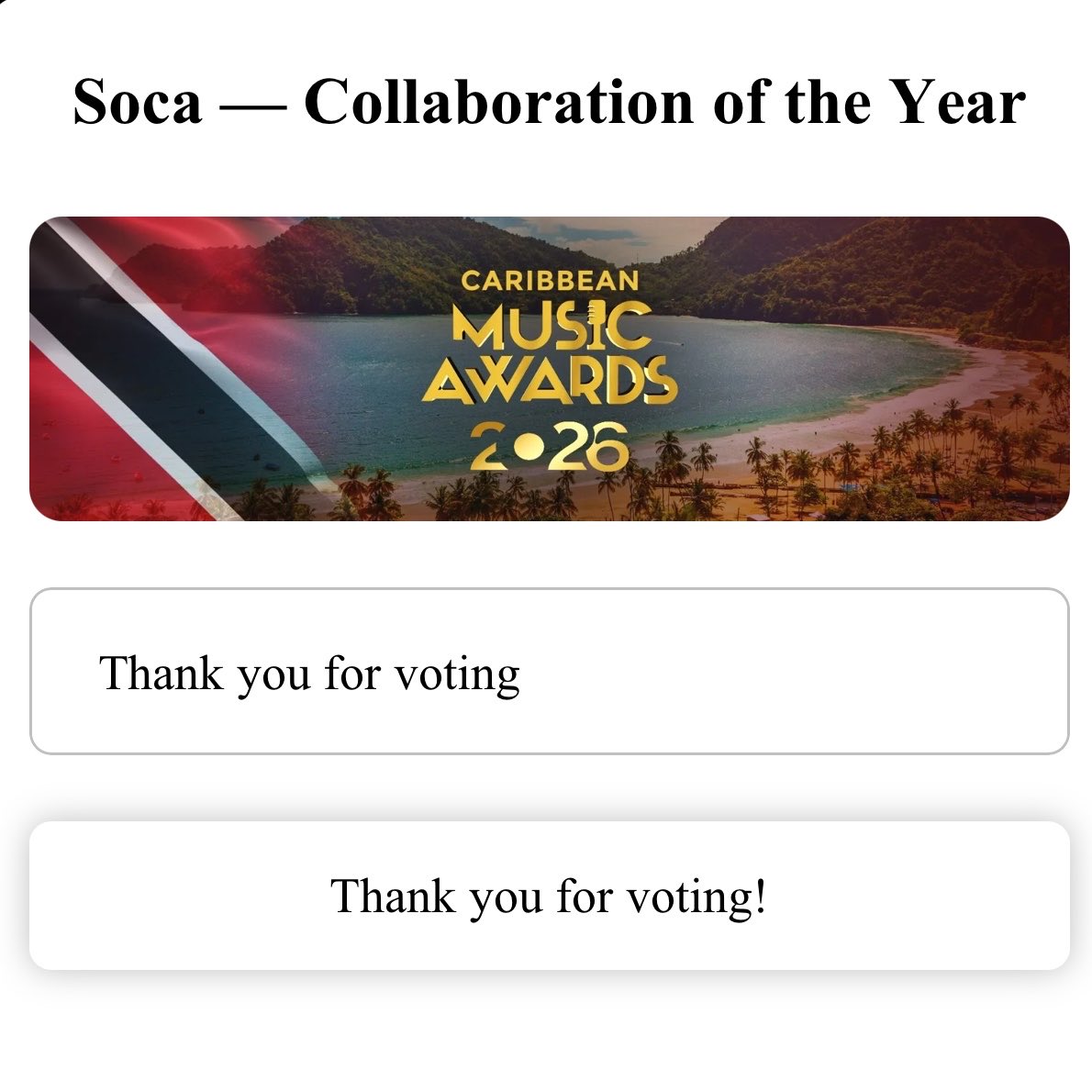 seasonmaraj's tweet photo. Here’s your daily reminder to vote for Nicki. Voting closes Monday, August 10th. #CaribbeanMusicAwards | Votes are unlimited

Category: Soca – Collaboration of the Year
Click the song to vote 🗳️: https://t.co/6ZDzNQsmbk https://t.co/0U6i5No82N