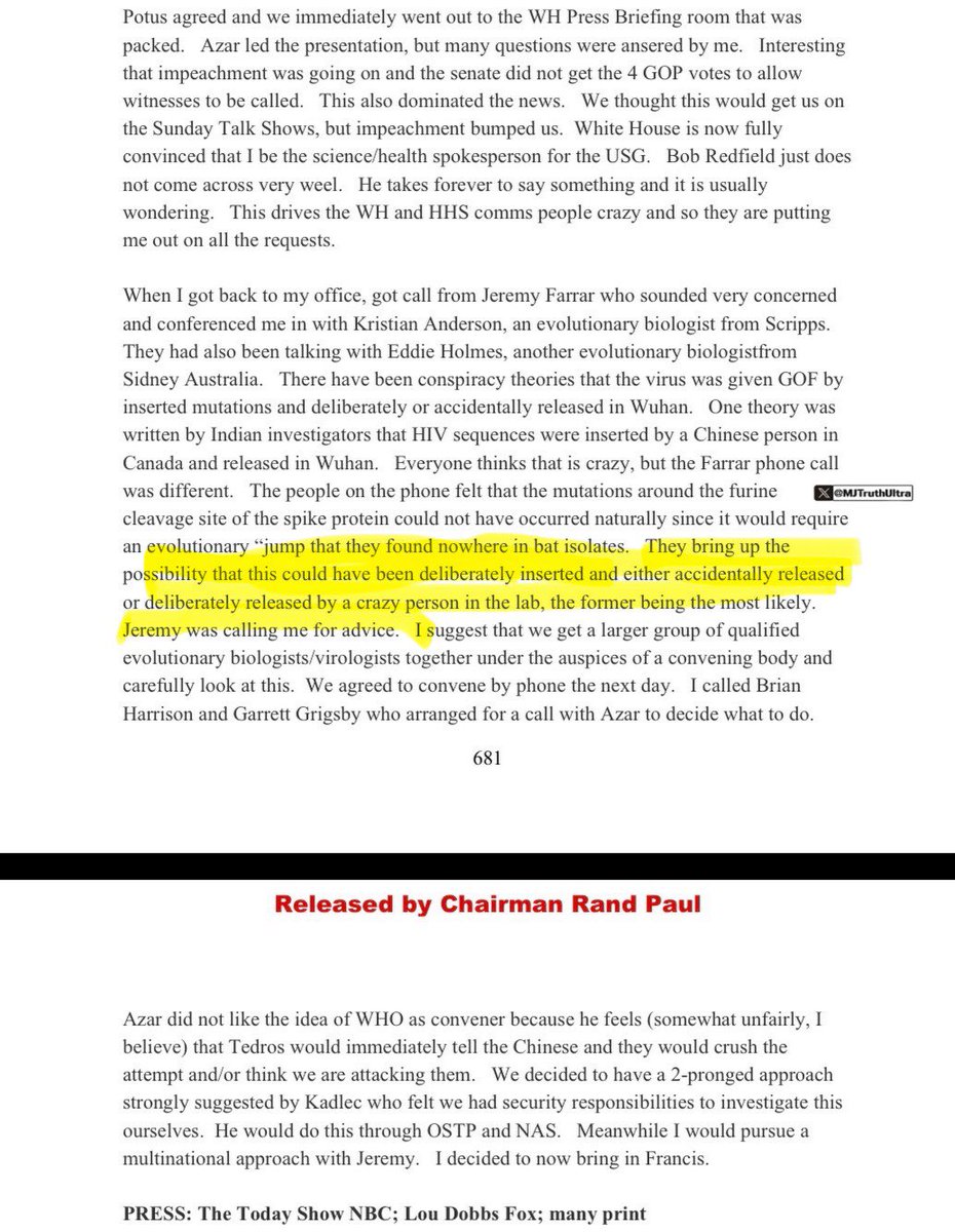 MJTruthUltra's tweet photo. This is a smoking gun… 

While Fauci later publicly treated the lab-leak hypothesis as a fringe conspiracy, his own private notes on January 31, 2020 of the crisis show that the world’s leading evolutionary virologists were telling him — and he was writing down — that the virus’s most distinctive feature looked engineered and that a lab release was a credible explanation. 

Fauci’s top scientists told him the furin cleavage site looked engineered; “It looks deliberately inserted and either accidentally released or deliberately released”

https://t.co/bYwoELEMB1