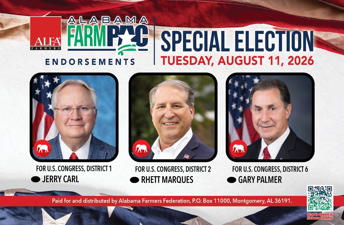 AlfaFarmers's tweet photo. We're two weeks away from the Special Election Aug. 11.

As you head to the polls, be sure to check this Alabama FarmPAC voter guide.

- For U.S. Congress, District 1 - Jerry Carl
- For U.S. Congress, District 2 - Rhett Marques
- For U.S. Congress, District 6 - Gary Palmer https://t.co/b6aYc9Enp7