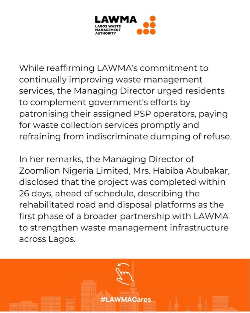 Lawma_gov's tweet photo. The Lagos State Government, through LAWMA, has commissioned the rehabilitated Road E and newly constructed disposal platforms at the Olusosun Disposal Facility, Ojota, marking another milestone in strengthening waste management infrastructure across the state.

The upgraded infrastructure will improve access for compactor trucks, reduce turnaround time, and enhance waste evacuation operations, reinforcing the state’s commitment to a cleaner, healthier, and more sustainable Lagos.

#LAWMACares