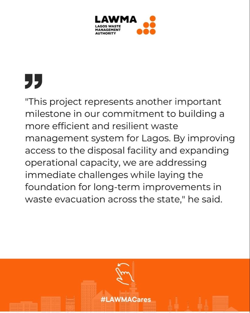Lawma_gov's tweet photo. The Lagos State Government, through LAWMA, has commissioned the rehabilitated Road E and newly constructed disposal platforms at the Olusosun Disposal Facility, Ojota, marking another milestone in strengthening waste management infrastructure across the state.

The upgraded infrastructure will improve access for compactor trucks, reduce turnaround time, and enhance waste evacuation operations, reinforcing the state’s commitment to a cleaner, healthier, and more sustainable Lagos.

#LAWMACares