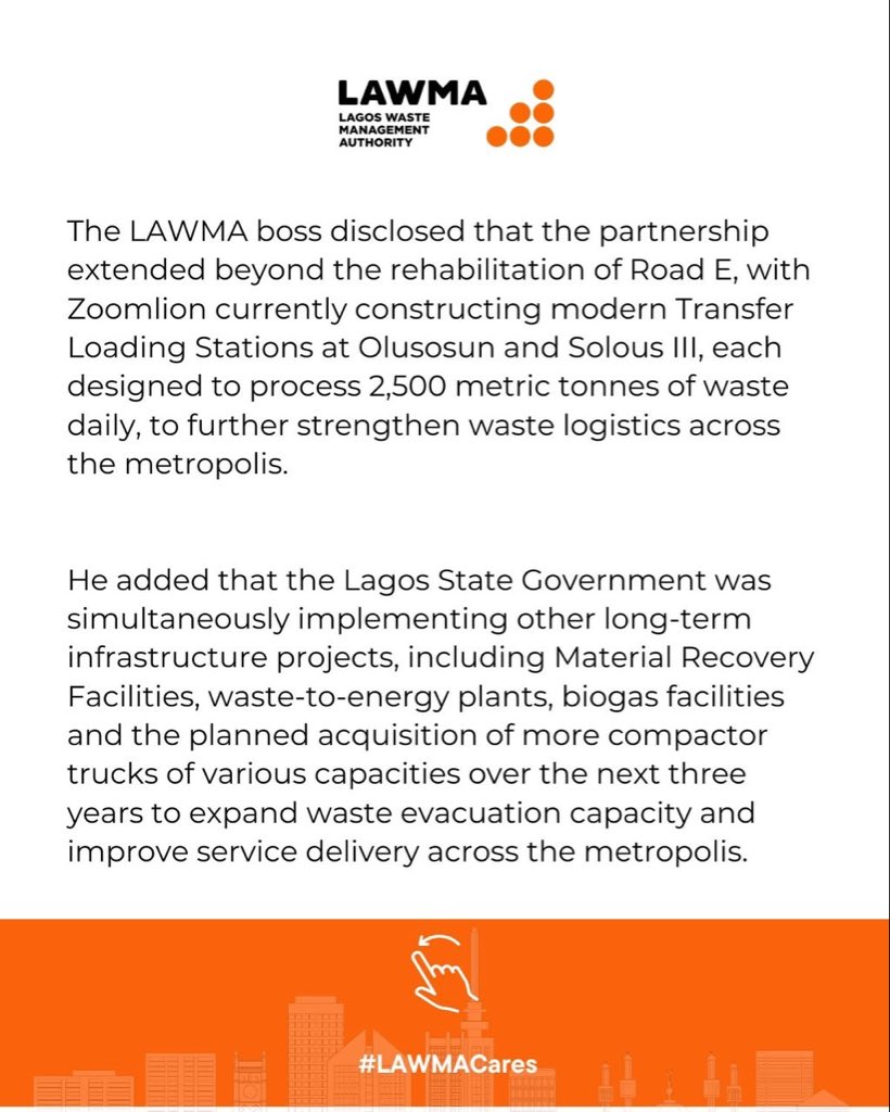 Lawma_gov's tweet photo. The Lagos State Government, through LAWMA, has commissioned the rehabilitated Road E and newly constructed disposal platforms at the Olusosun Disposal Facility, Ojota, marking another milestone in strengthening waste management infrastructure across the state.

The upgraded infrastructure will improve access for compactor trucks, reduce turnaround time, and enhance waste evacuation operations, reinforcing the state’s commitment to a cleaner, healthier, and more sustainable Lagos.

#LAWMACares