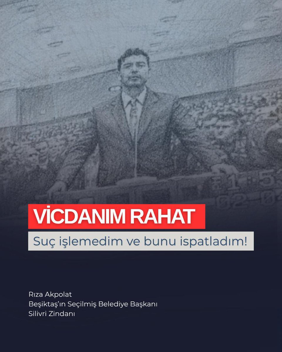 RizaAkpolat's tweet photo. Vicdanım rahat. 
Suç işlemedim ve bunu ispatladım.

Bir yıldan fazla süren Silivri zindanındaki haksız hukuksuz tutukluluğumun ardından, bugün savunmamı tamamladım.

Bana inananların yüzünü kara çıkarmadım. Bana, aileme, sevdiklerime zulmedenlere boyun eğmedim.

Herkes bilsin ki, milletimizin itirazını yerde bırakmayacağız. Genel Başkanımız Özgür Özel’in öncülüğünde, milletimizin gösterdiği yolda, yolu cümleden ulu bilen tüm yol arkadaşlarımızla, mücadelemizi sonuna kadar sürdüreceğiz. 

Pir Sultan Abdal’ın dediği gibi;

Yorulan yorulsun ben yorulmazam
Derviş makamından ben ayrılmazam
Dünya kadısından ben sorulmazam
Kalsın benim davam divana kalsın

Yorulmayanlara selam olsun! 

Rıza Akpolat
Beşiktaş’ın Seçilmiş Belediye Başkanı
Silivri Zindanı